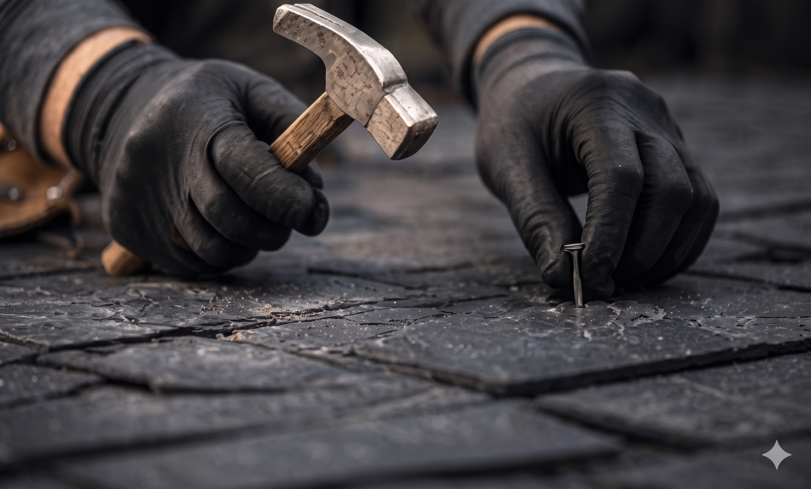 Roofer nailing slate tiles